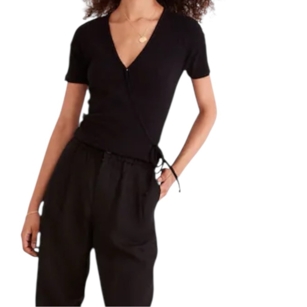Madewell Woman's Size Small True Black Ribbed Wrap Crop Top Adjustable Ties